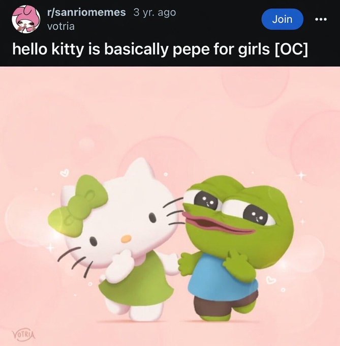 A Reddit post from r/saniromemes titled 'hello kitty is basically pepe for girls [OC]' by votria, showing Hello Kitty and Pepe the Frog holding hands against a pink sparkly background.