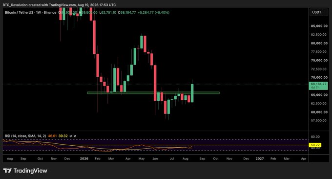 A TradingView candlestick chart for Bitcoin/TetherUS on Binance, showing a price of $68,184.77 and an RSI of 46.61, created by BTC.Revolution.