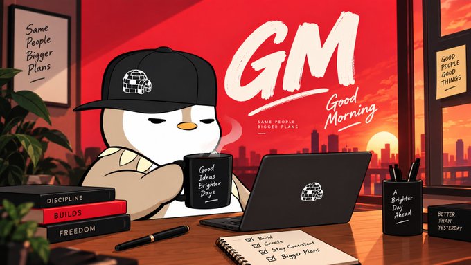 A determined penguin wearing a "Same People Bigger Plans" cap sits at a desk with a laptop and a "Good Ideas Brighter Days" coffee mug, surrounded by motivational signs like "Discipline Builds Freedom" and a to-do list with tasks such as "Build," "Create," "Stay Consistent," and "Bigger Plans," with a bold "GM - Good Morning" graphic and city skyline in the background—perfectly matching the post's call to get back to the grind and cook up new ideas.