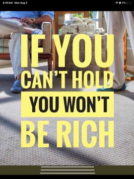An Instagram post with a motivational quote 'IF YOU CAN'T HOLD YOU WON'T BE RICH' in yellow text, overlaid on an image of two people sitting with stacks of cash on a table between them.