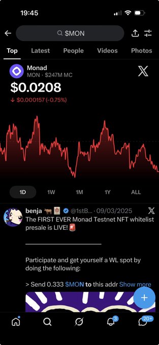 A screenshot of a cryptocurrency tracking app showing Monad ($MON) trading at $0.0208 with a 0.75% decline, alongside a promotional post about an "EVER Monad Testnet NFT whitelist presale" that encourages sending 0.333 $MON to participate. The image relates to the "day 200 of posting $mon everyday until $0.1" post by highlighting the coin's current price well below the targeted $0.10 milestone.