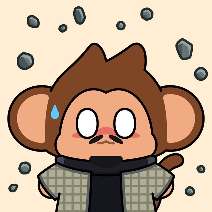Cartoon illustration of a cute monkey character with large eyes, blushing cheeks, a sweat drop, and floating rocks/asteroids around it, wearing a checkered gray and black outfit.