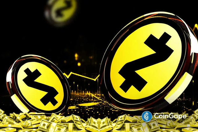 Two prominent Zcash (ZEC) coins with the distinctive "Z" logo are displayed alongside stacks of cash on a dark background, visually emphasizing the cryptocurrency's potential for substantial value growth and financial returns as highlighted in Grayscale's bullish $8,100 price prediction for 2030. The image, branded with CoinGape's logo, illustrates the privacy-focused digital asset positioned as a potential major competitor to Bitcoin's market dominance.