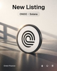 An advertisement for a new token listing titled "New Listing" for ONDO on the Solana blockchain, published by Ondo Finance.