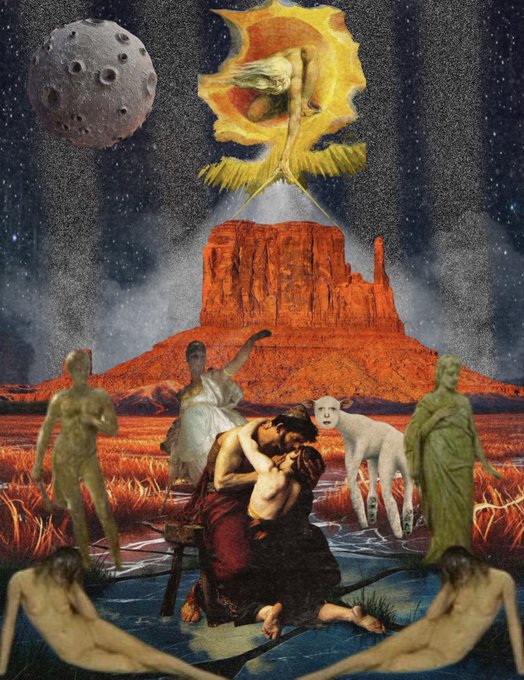 A surreal digital collage featuring classical statues, embracing figures in water, a fiery phoenix, a large moon, and a prominent red mesa resembling Monument Valley.