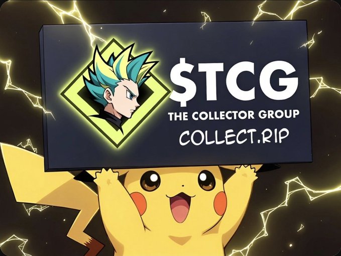 A cheerful Pikachu holds up a "$TCG: The Collector Group" banner featuring a Super Saiyan Goku character, set against a background of yellow lightning bolts. The image serves as a promotional graphic for the accompanying post's referral link to collect.rip/r/pizzaslayer76, tying the anime-themed visuals to the excitement of joining the trading card group.