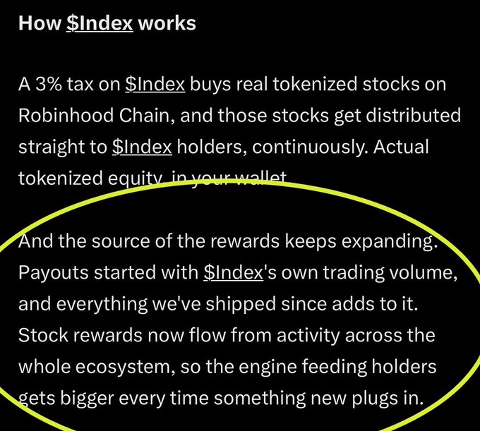 A screenshot from a $Index article explaining that a 3% tax funds real tokenized stocks on Robinhood Chain distributed to holders, with the circled portion emphasizing that reward sources are expanding from $Index's own trading volume to include ecosystem-wide activity.