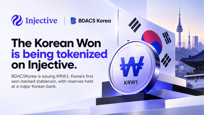 A promotional graphic announcing that "The Korean Won is being tokenized on Injective," featuring logos for Injective and BDACS Korea, alongside a "KRW1" coin and the South Korean flag with a Seoul cityscape.