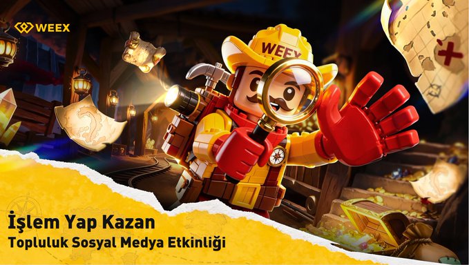 WEEEX cryptocurrency promotional banner featuring a cartoon miner character with a WEEEX branded hat, magnifying glass, and gear, advertising an 'İşlem Yap Kazan' (Trade to Earn) social media campaign.