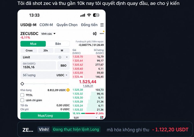A screenshot of a Binance trading interface for ZECUSDC perpetual contract with a Vietnamese caption about profiting nearly 10K before deciding to reverse, showing a long position at 1525.44 with -1,122.20 USDT floating PnL.