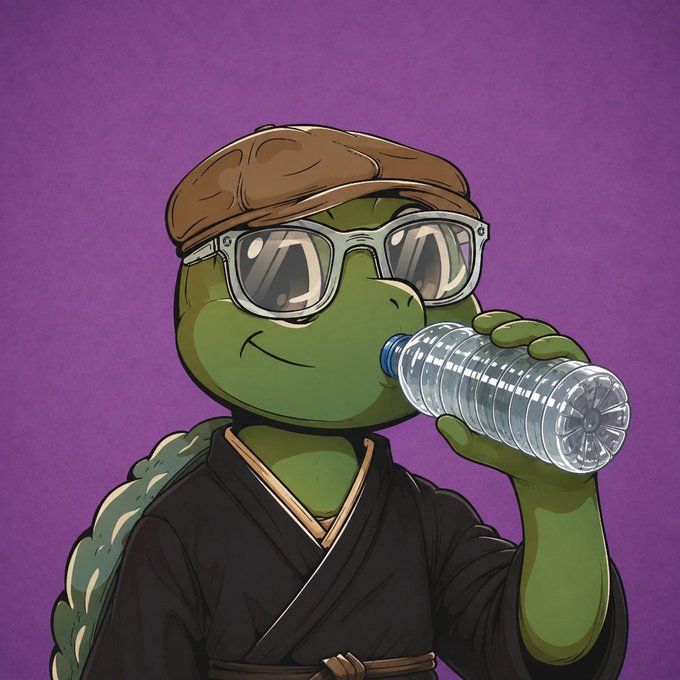 A cartoon illustration of a green turtle character wearing a brown flat cap, sunglasses, and a black robe while drinking from a plastic water bottle.