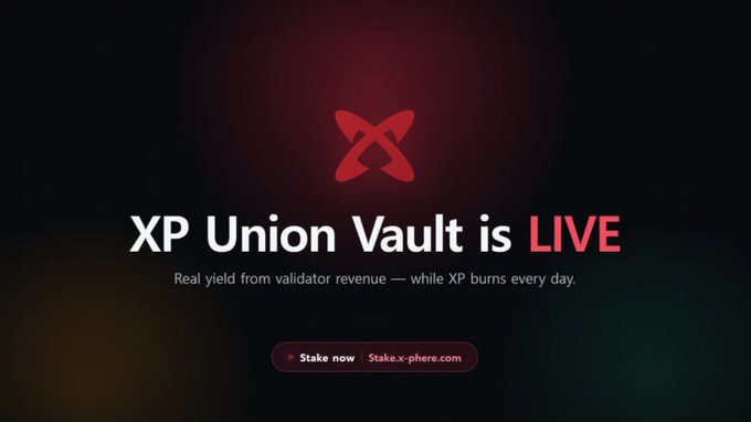 A promotional graphic announcing the launch of "XP Union Vault is LIVE," featuring the XP logo and the tagline "Real yield from validator revenue — while XP burns every day," with a call-to-action to stake at stake.x-phere.com. The image visually reinforces the post's announcement of the new staking vault that distributes validator revenue while reducing XP supply through burns.