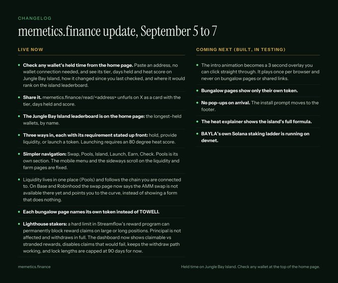 A website changelog for memetics.finance dated September 5 to 7, detailing updates including Jungle Bay Island leaderboard, liquidity pages, and BAYLA staking ladder.