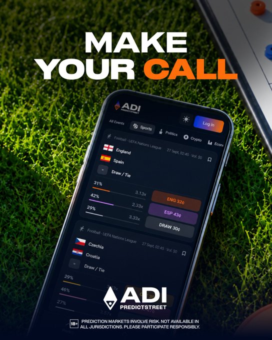 A smartphone displays the ADI Predictstreet app showing live UEFA Nations League odds for upcoming matches including England vs Spain (ENG 320, ESP 436, DRAW 300) and Czechia vs Croatia, with the headline "MAKE YOUR CALL" set against a grassy background, promoting the platform's prediction markets for football fans.