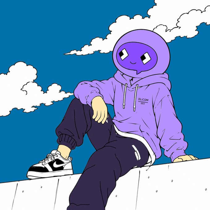 An illustration of a character with a purple Discord-like logo for a head, wearing a purple hoodie, black sweatpants, and Nike Dunk sneakers, sitting against a blue sky with clouds.