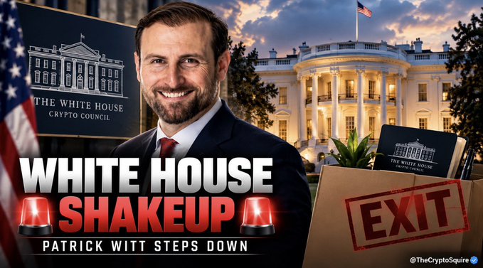 A graphic by @TheCryptoSquire titled 'WHITE HOUSE SHAKEUP' showing a smiling man, an illustration of the White House, and text reading 'PATRICK WITT STEPS DOWN' alongside an 'EXIT' stamp.