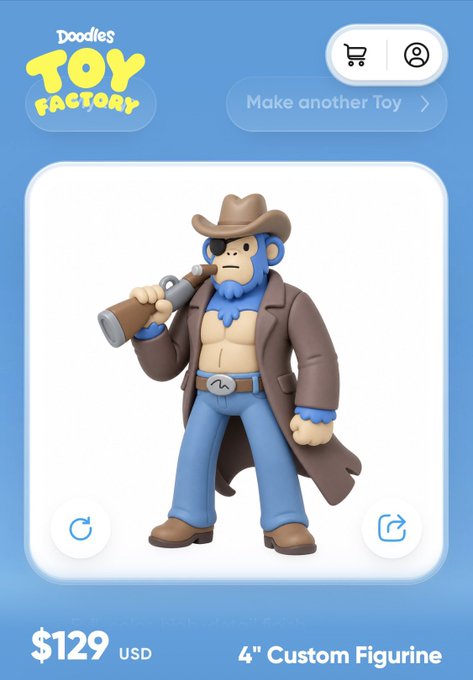 A storefront page for Doodles Toy Factory displays a 3D-rendered figurine of a blue monkey wearing a cowboy hat, eyepatch, and trench coat while holding a rifle, priced at $129 USD for a 4" custom figurine.