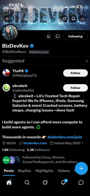 A Twitter/X profile page for 'BizDevKev' (@BizDevKevv) who follows you, showing 1.6K Following and 3.3K Followers, with the bio 'I build agents so I can afford more compute to build more agents.'