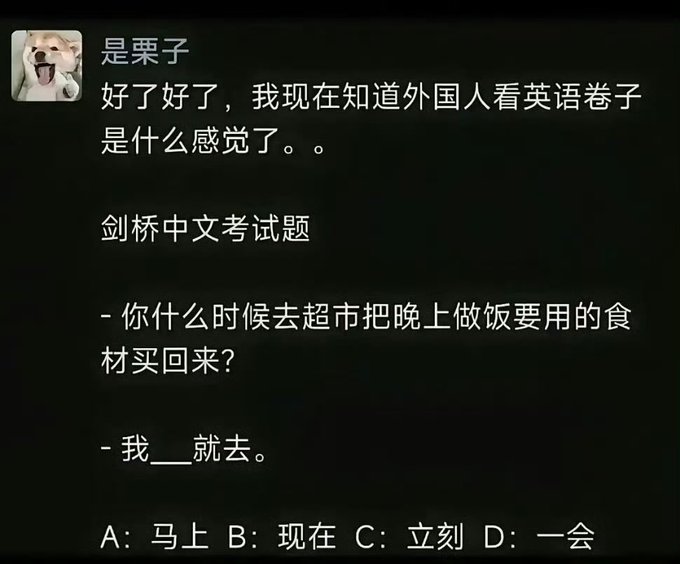 A Chinese-language meme jokes about the difficulty of Chinese as a foreign language, showing a Cambridge Chinese exam question: "你什么时候去超市把晚上做饭要用的食材买回来？我___就去。" with multiple choice answers A: 马上 B: 现在 C: 立刻 D: 一会.