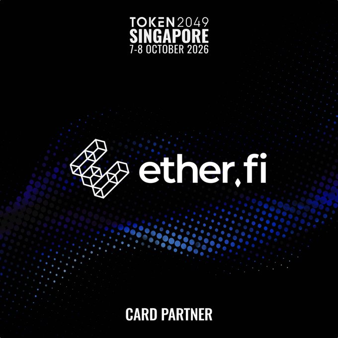 A promotional graphic for TOKEN2049 Singapore (7-8 October 2026) featuring the ether.fi logo on a blue dotted background, with text at the bottom designating ether.fi as a "CARD PARTNER" — supporting the post's message that ether.fi cardholders can access the lounge without a conference ticket.