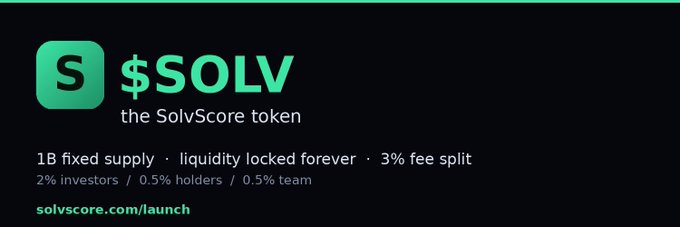A promotional banner for "$SOLV" (the SolvScore token) displays its green "S" logo alongside key tokenomics: "1B fixed supply · liquidity locked forever · 3% fee split — 2% investors / 0.5% holders / 0.5% team," with a link to solvscore.com/launch. The image serves as the official launch announcement graphic that accompanies a post introducing SolvScore as a credit infrastructure layer for autonomous AI agents.