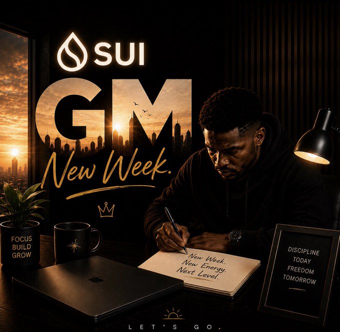 A motivational graphic featuring a man writing in a journal at a desk, with 'SUI GM New Week' text, motivational phrases like 'DISCIPLINE TODAY FREEDOM TOMORROW' and 'FOCUS BUILD GROW' on a mug, and a notebook reading 'New Week. New Energy. Next Level.'