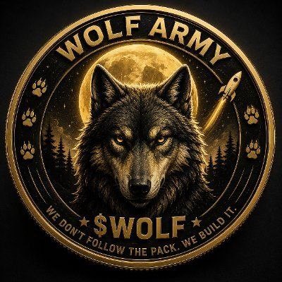 The image is a circular emblem-style logo featuring a detailed wolf's head against a glowing full moon, bordered in gold with the text "WOLF ARMY" at the top and "$WOLF" with the tagline "WE DON'T FOLLOW THE PACK, WE BUILD IT" at the bottom, alongside paw prints and a rocket ship. It serves as the branding for the Wolf Army crypto project mentioned in the post, visually reinforcing the project's identity and its appeal to early community supporters.