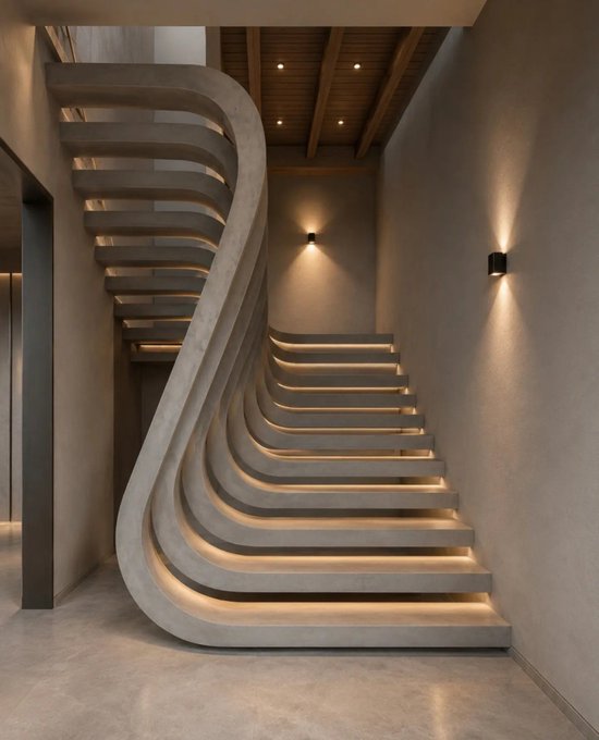 A modern, minimalist interior featuring a striking sculptural concrete staircase with flowing, curved lines, illuminated by warm LED strip lighting along the steps and subtle wall sconces.