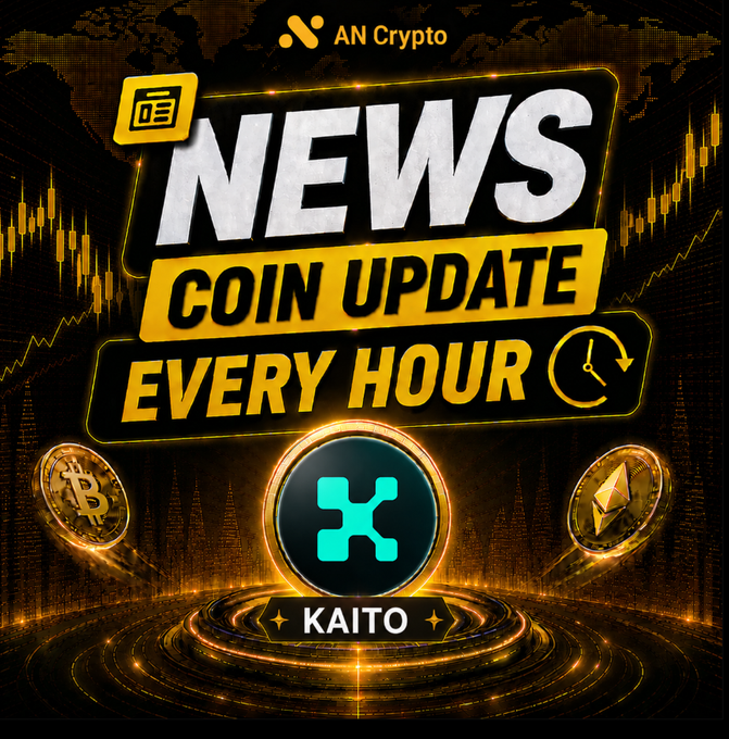 A promotional graphic from AN Crypto featuring "NEWS COIN UPDATE EVERY HOUR" with Bitcoin, Ethereum, and Kaito logos against a candlestick chart background, advertising hourly updates on $KAITO's notable 20% price drop driven by bearish order flow.