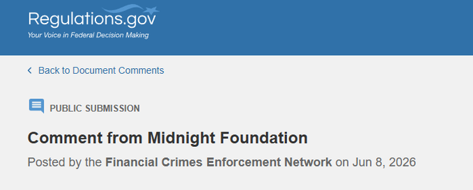 This image shows a public submission on Regulations.gov, titled "Comment from Midnight Foundation," posted by the Financial Crimes Enforcement Network on Jun 8, 2026, directly relating to the provided post about the Midnight Foundation's stablecoin proposal.