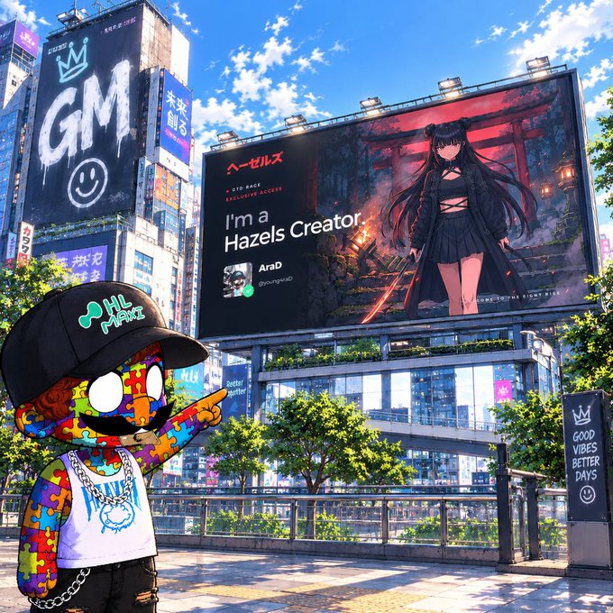 A digital artwork featuring a cartoon character with an 'AHL' cap and a puzzle-piece hoodie pointing at a billboard in a Japanese city setting. The billboard displays an anime-style character with text 'I'm a Hazels Creator' and 'A GYM HACK EXCLUSIVE ACCESS' by 'AraD'.