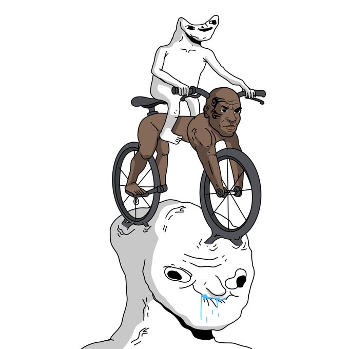 The cartoon depicts the "Wojak vs. Chad" meme, where a muscular Chad pedaling a bike balanced atop a crying Wojak's head illustrates the absurd and self-defeating nature of Solana's notoriously unstable network outages.

The image relates to the post by visualizing the meme as a metaphor for Solana's recurring downtime issues—Chad (representing activity/usage) is literally riding on a fragile, weeping Wojak (the broken blockchain), humorously critiquing how the chain keeps "crashing" despite its popularity.