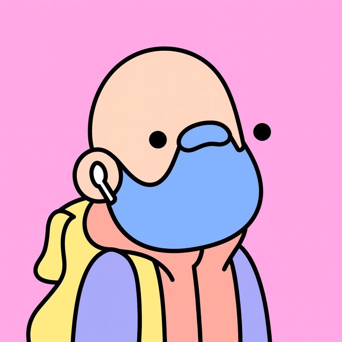 A cartoon illustration of a character wearing a blue surgical mask, with an earbud in one ear and a yellow backpack strap visible against a pink background.