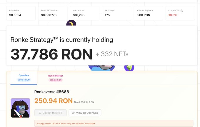 A cryptocurrency dashboard displays 'Ronke Strategy' holding 37.786 RON plus 332 NFTs, with Ronke Price at $0.0554, Market Cap at $16,295, and details for 'Ronkeverse #5668' available on OpenSea for 250.94 RON.