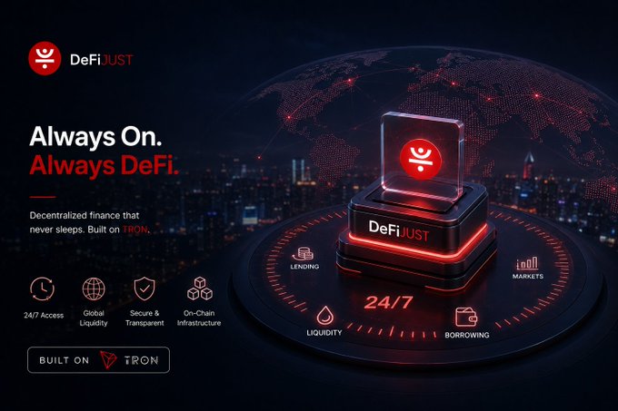 A promotional graphic for 'DeFi JUST' cryptocurrency platform built on Tron, featuring the tagline 'Always On. Always DeFi.' with features like 24/7 Access, Global Liquidity, Secure & Transparent, and On-Chain Infrastructure.
