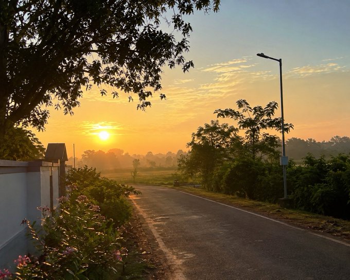 A serene sunrise scene along a quiet road, with the sun glowing through morning mist, framed by silhouetted tree branches and a street lamp.