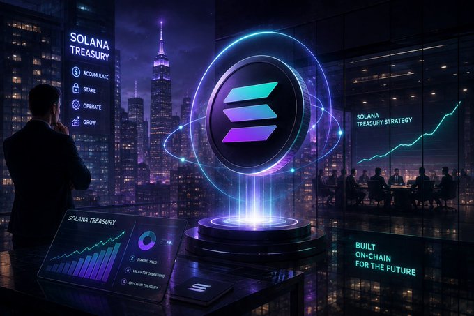 A futuristic promotional image highlighting Solana with the text "SOLANA TREASURY STRATEGY" and "BUILD ON-CHAIN FOR THE FUTURE" set against a city skyline backdrop.