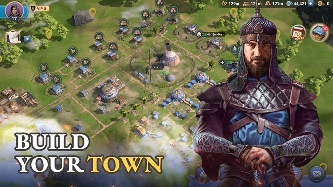 A mobile strategy game screenshot showing a character in medieval armor on the right and a town-building view on the left, with the text 'BUILD YOUR TOWN' in the bottom left corner.