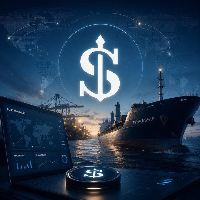 A stylized promotional image features a glowing 'S$' anchor logo above a cargo ship labeled 'ETHRASHIP', with a fleet operations laptop showing 'FLEET OVERVIEW' against a world map and harbor background.