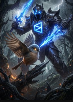 The image features a man dressed as a knight with blue armor and a bird perched on his shoulder holding two swords. The background of the image depicts a dark forest, suggesting an eerie or mysterious setting. The caption reads "Good morning. Predictably, UMA was forced to ratify Polymarket'S arbitrary rule change and deny reality. I posted about this last night. The resolution was inevitable. Nothing changed. The rules weren't ambiguous, Polymarket just broke them."