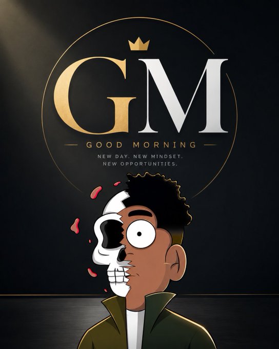 An animated character with a half-human, half-skull face appears below a luxury black-and-gold "GM GOOD MORNING" monogram logo bearing a crown and the tagline "New Day. New Mindset. New Opportunities." The post’s “GM” (a common crypto Twitter greeting for "good morning") is paired with the imagery's motivational branding to deliver a stylish, optimistic morning call-to-action seeking the day's "alpha."