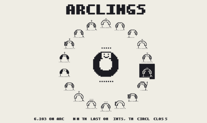 The image is a 1-bit pixel art promotional graphic for the "Arclings NFT" collection, featuring the title "ARCLINGS" at the top and the tagline "6,283 ON ARC MM TH LAST ON INTS. TH CIRCL CLOS 5" at the bottom. At the center is a large, bold pixelated letter "O" character surrounded by a circular arrangement of smaller, varied Arcling characters, with one highlighted in a black box on the right side. The black-and-white pixel aesthetic reinforces the project's 1-bit style, while the "6,283 ON ARC" text confirms the total supply of 6,283 NFTs on the Arc chain, directly tying into the raffle announcement for three GTD whitelist spots.