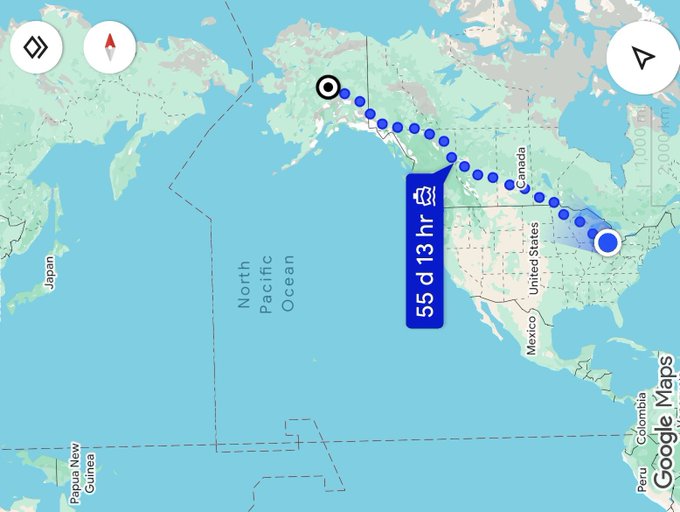 World map screenshot showing a flight or travel route from North America (Chicago area) to Alaska with a flight duration of 55 d 13 hr, displayed on Google Maps.