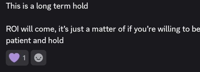 Social media comment reading 'This is a long term hold. ROI will come, it's just a matter of if you're willing to be patient and hold' with 1 like.