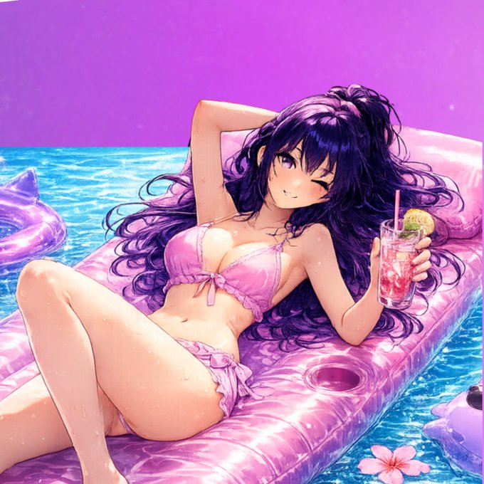 An anime-style illustration of a purple-haired girl in a pink bikini lounging on a pink inflatable raft in a pool, holding a glass of red drink with a lime garnish.