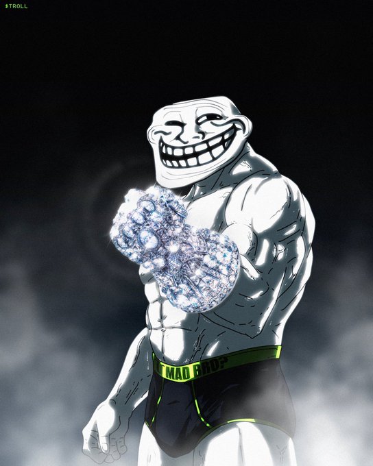 A muscular silver Trollface figure flexes a dazzling diamond-encrusted fist, wearing black trunks with a green waistband reading "TROLL" and "#TROLL" in the corner, symbolizing the unbreakable "diamond hands" conviction of the $TROLL token holders.