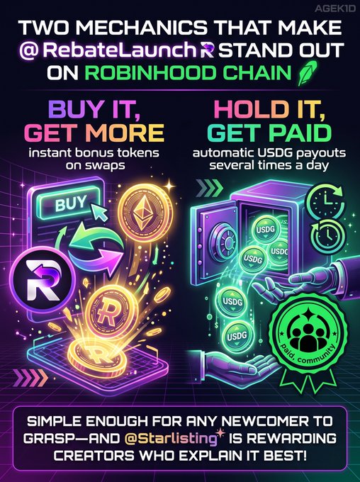 A neon promotional graphic for “@RebateLaunch” on “ROBINHOOD CHAIN,” explaining two mechanics: “BUY IT, GET MORE” instant bonus tokens on swaps and “HOLD IT, GET PAID” automatic USDG payouts several times a day. The footer reads, “SIMPLE ENOUGH FOR ANY NEWCOMER TO GRASP—AND @Starlisting IS REWARDING CREATORS WHO EXPLAIN IT BEST!”