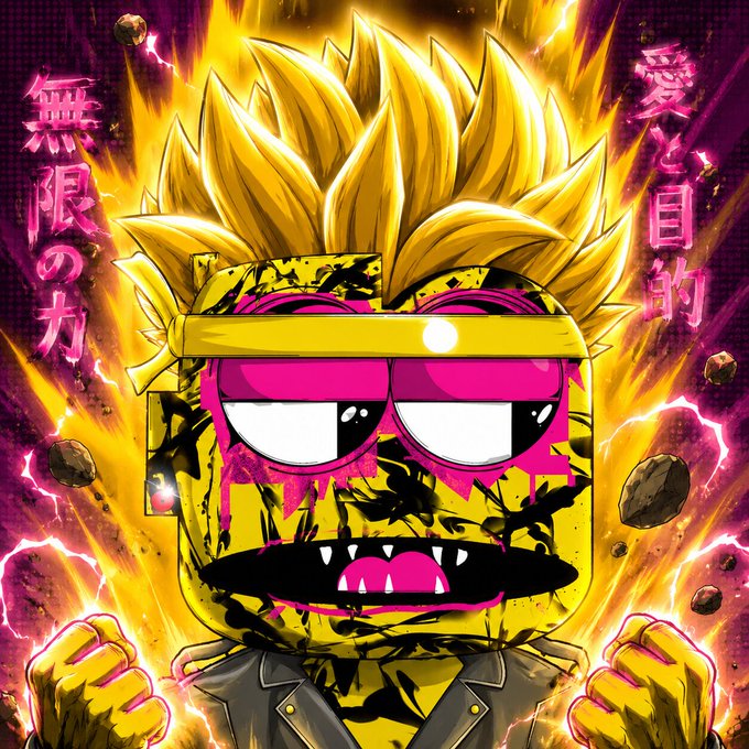 A yellow meme-style character with spiky Super Saiyan-like hair, pink sunglasses, and a chain necklace stands triumphantly amid a fiery energy aura, with Japanese kanji on the sides reading "無限の力" (Infinite Power) and "愛と目的" (Love and Purpose), symbolizing the chaotic hype and meme energy tied to the $DROUPZ 10% creator fee announcement funding donations and development.