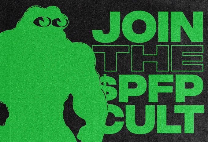 The image features a green cartoon-like figure with big eyes standing against a black background. Below this figure, there's text that reads "JOIN THE SPSP PUPP CULT" written in white letters. The overall color scheme of the image is predominantly green and black, creating a striking contrast.