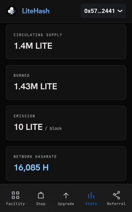A mobile app interface displaying statistics for 'LiteHash', showing a Circulating Supply of 1.4M LITE, Burned 1.43M LITE, Emission 10 LITE/block, and Network Hashrate of 16,085 H.